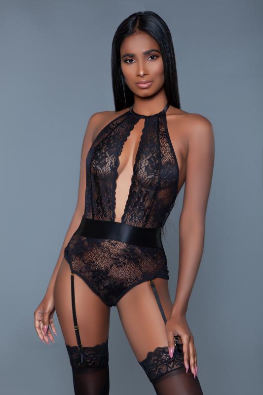 Ophelia Lace Strumpfband Gürtel Bodysuit - Schwarz