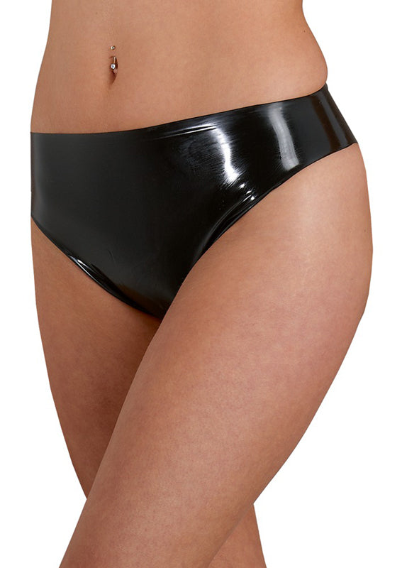 Schwarzer Latex-Slip, Nahaufnahme