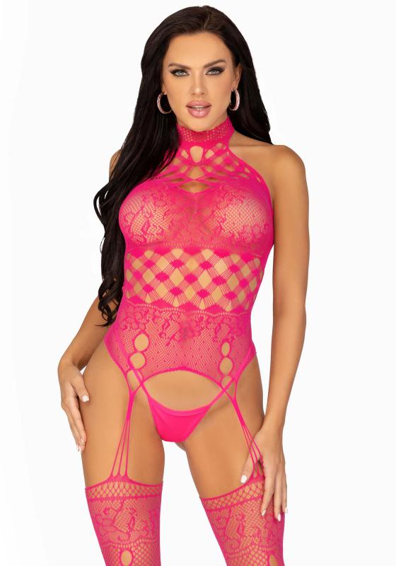 Catsuit mit Halterneck und Strumpfhalter - Rosa