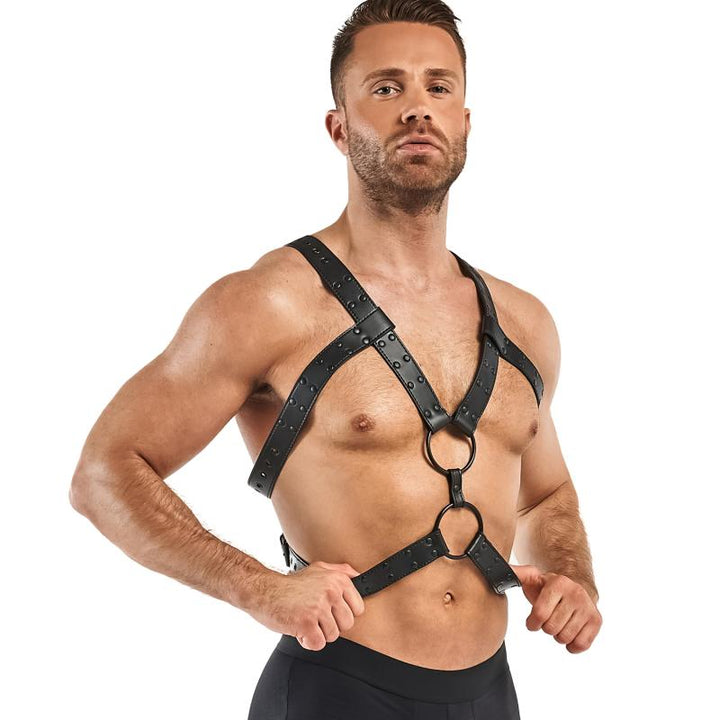 Mann trägt Leder-Harness